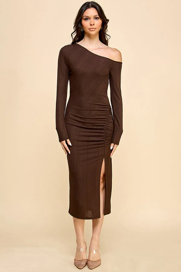 ONE SHOULDER RUCHED FRONT SLIT LONG SLEEVE MIDI DRESS sold by Heart & Hips