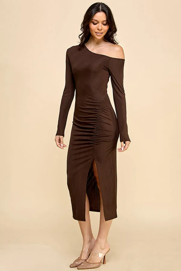 ONE SHOULDER RUCHED FRONT SLIT LONG SLEEVE MIDI DRESS sold by Heart & Hips product image thumbnail 2
