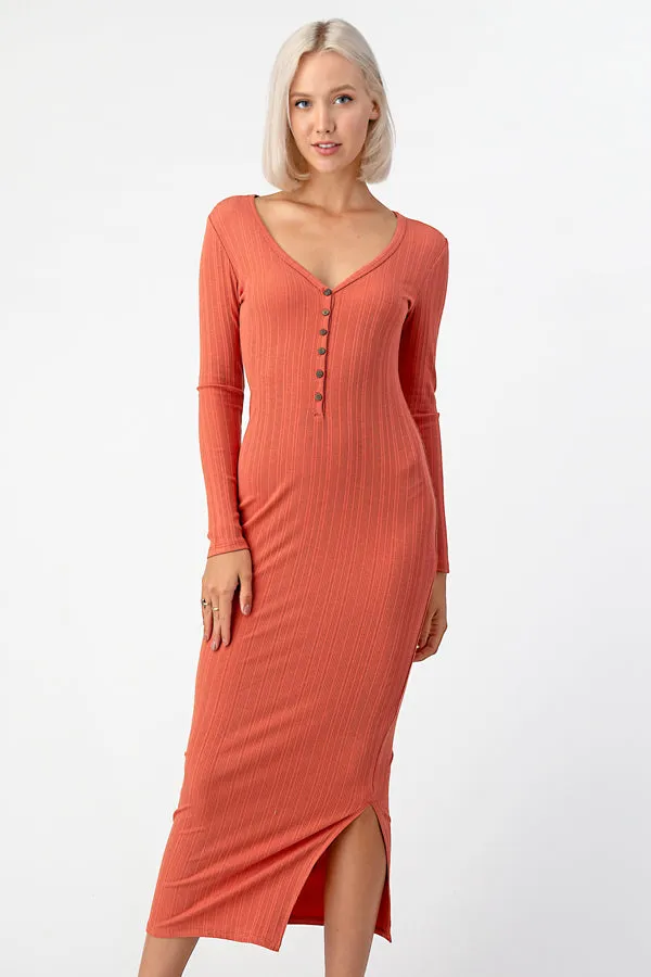 V-NECK HENLEY MAXI RIB DRESS sold by Heart & Hips