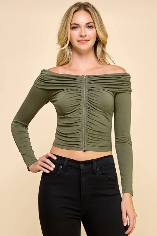 OFF SHOULDER ZIP UP FRONT RUCHING LONG SLEEVE TOP sold by Heart & Hips