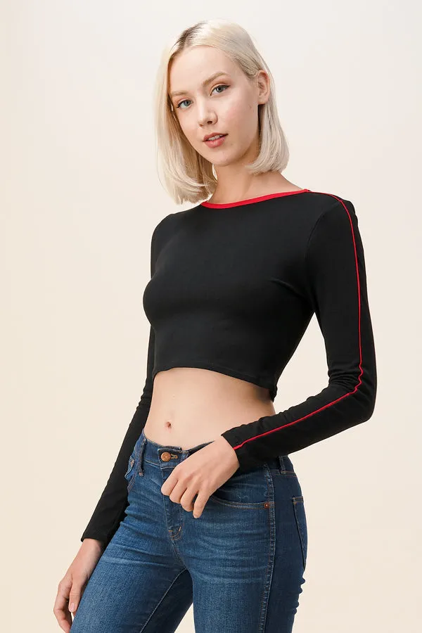 CONTRAST PIPING DETAIL CROP LONG SLEEVE TOP sold by Heart & Hips product image thumbnail 3