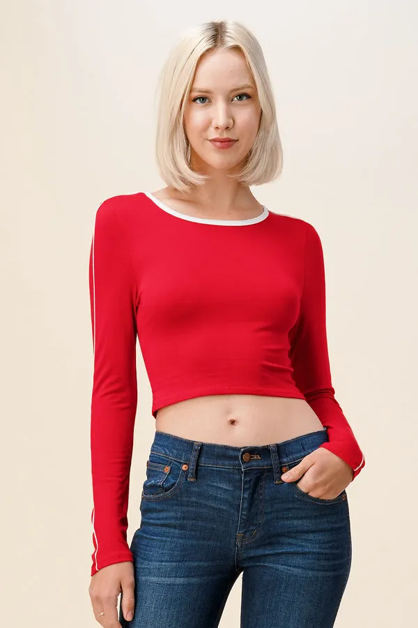 CONTRAST PIPING DETAIL CROP LONG SLEEVE TOP sold by Heart & Hips product image thumbnail 5