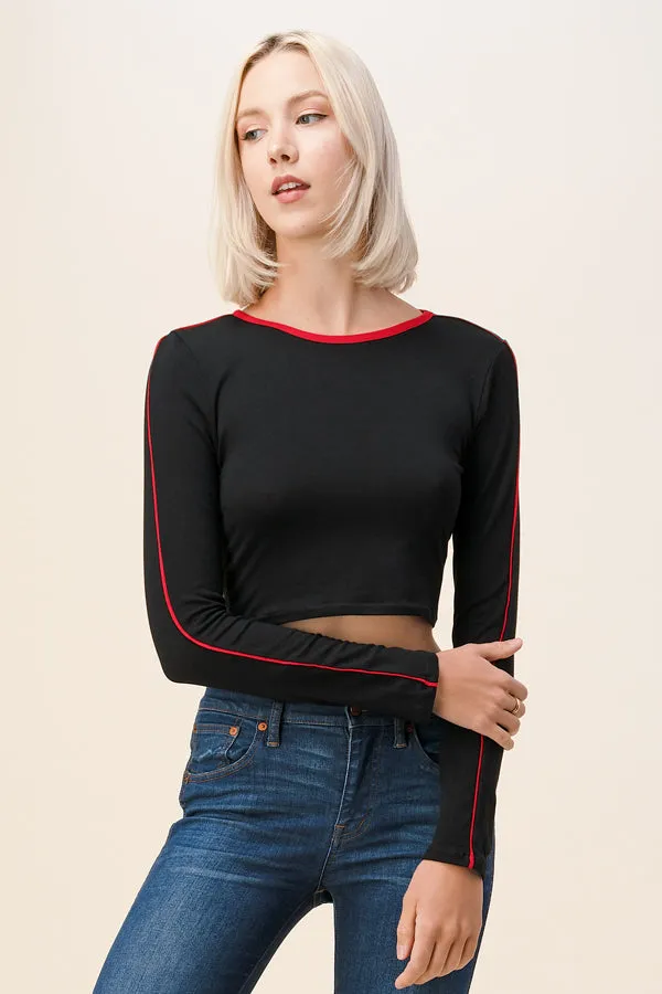 CONTRAST PIPING DETAIL CROP LONG SLEEVE TOP sold by Heart & Hips