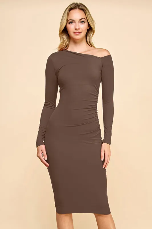 ASYMMETRY OFF SHOULDER SIDE RUCHED MIDI DRESS sold by Heart & Hips