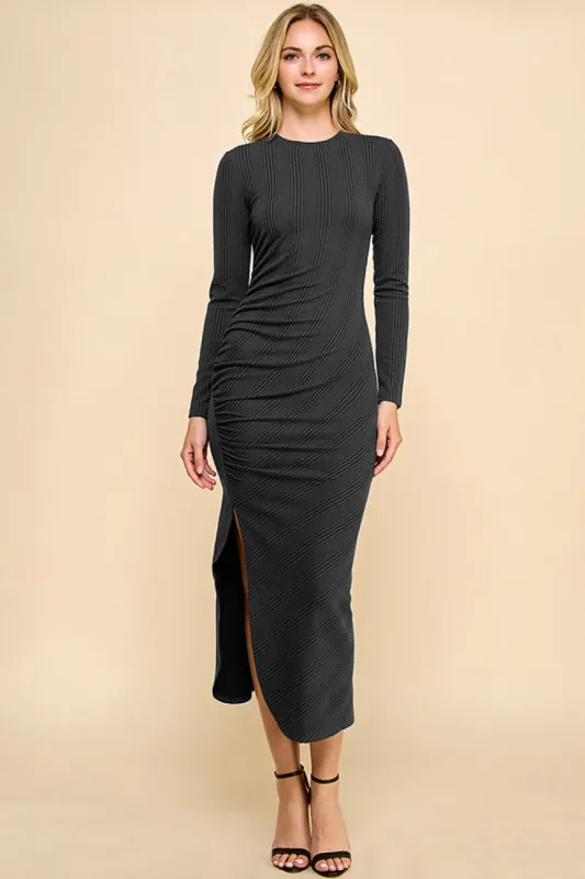 CREW NECK SIDE RUCHING DEEP SLIT LONG DRESS sold by Heart & Hips