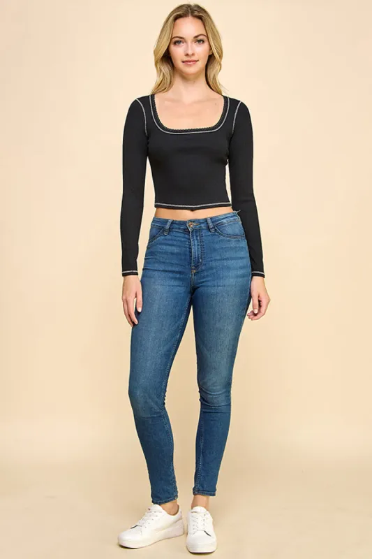 LONG SLEEVE SQUARE NECK RIBBED TOP W/ SCALLOP STITCH DETAIL sold by Heart & Hips