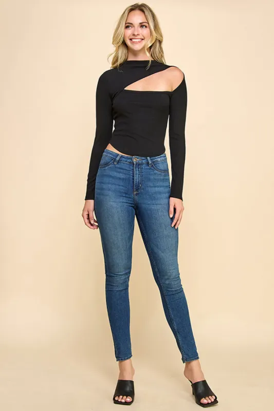 ASYMMETRICAL CUT OUT RIB LONG SLEEVE TOP sold by Heart & Hips
