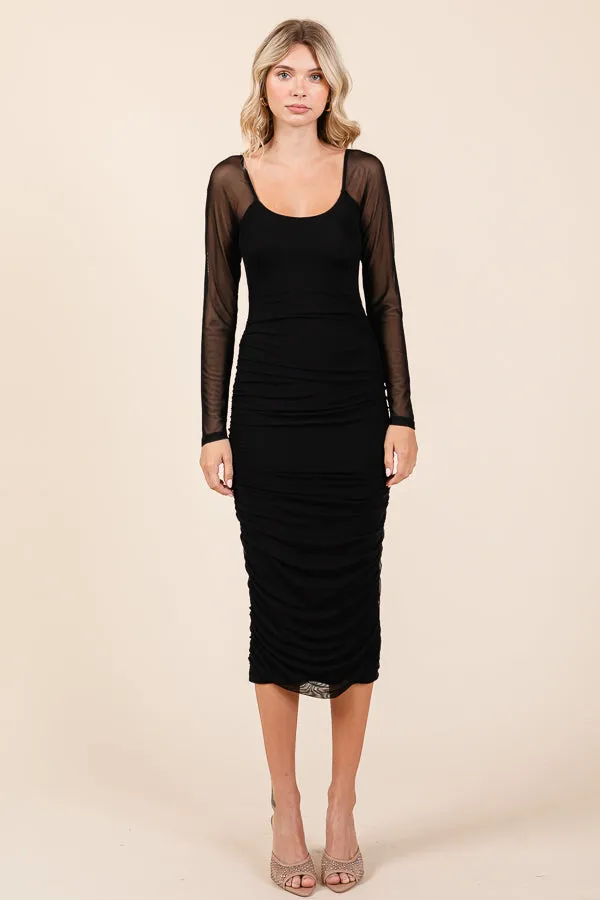 RUCHED CUT OUT BACK MIX MESHED LONG SLEEVE MIDI DRESS sold by Heart & Hips product image thumbnail 4