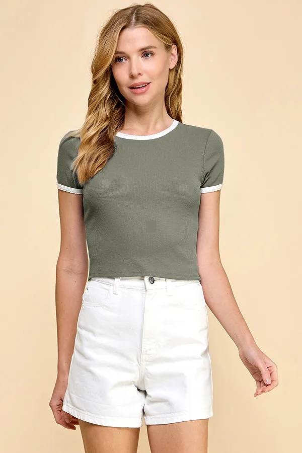 SCALLOP EDGE CONTRAST BINDING CREWNECK RIBBED TOP sold by Heart & Hips product image thumbnail 3