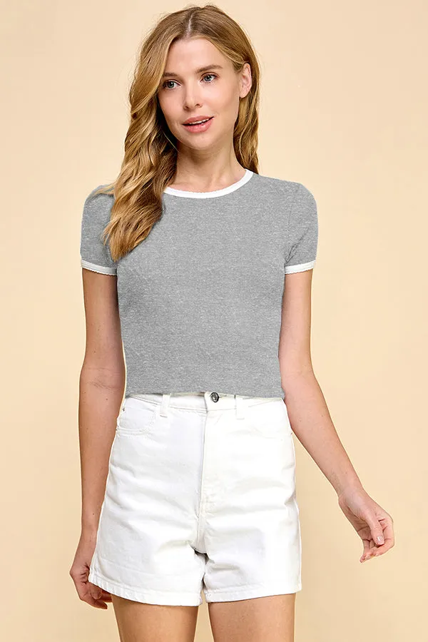 SCALLOP EDGE CONTRAST BINDING CREWNECK RIBBED TOP sold by Heart & Hips product image thumbnail 5