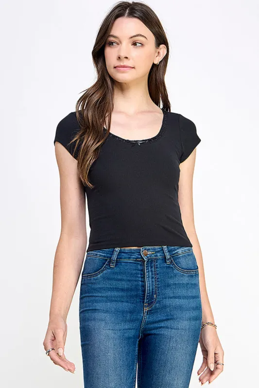 Satin Bow Detail Neck Line Rib Scoop Tee sold by Heart & Hips