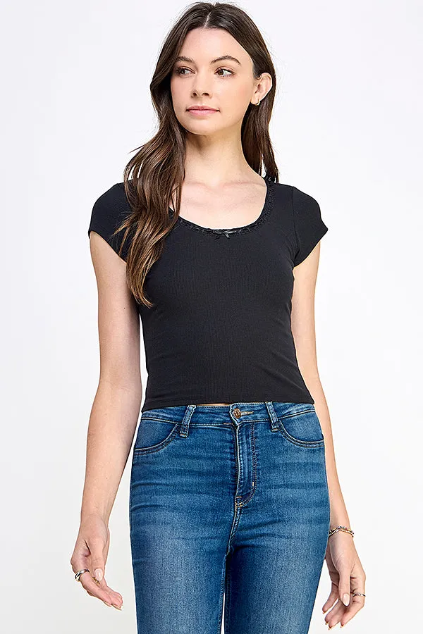 Satin Bow Detail Neck Line Rib Scoop Tee sold by Heart & Hips