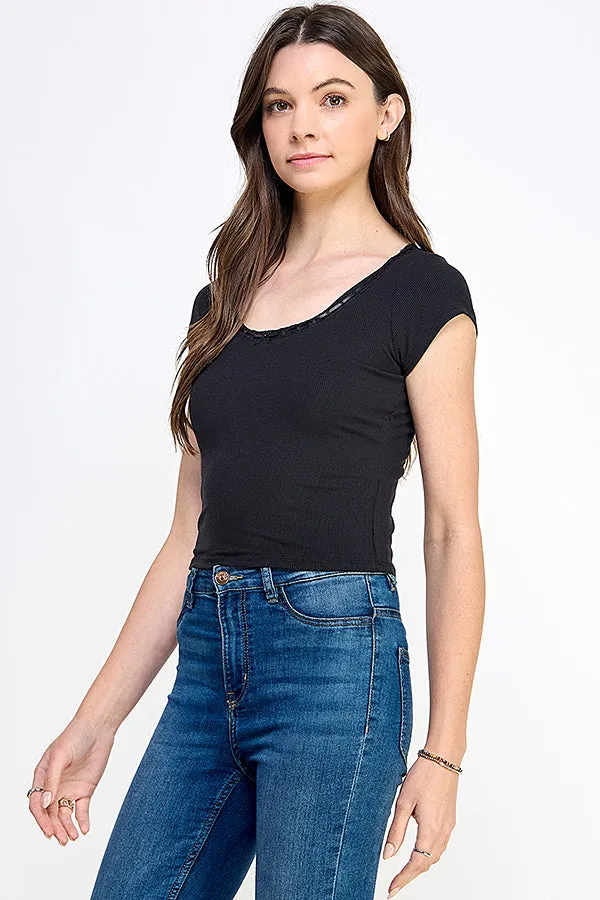 Satin Bow Detail Neck Line Rib Scoop Tee sold by Heart & Hips product image thumbnail 2