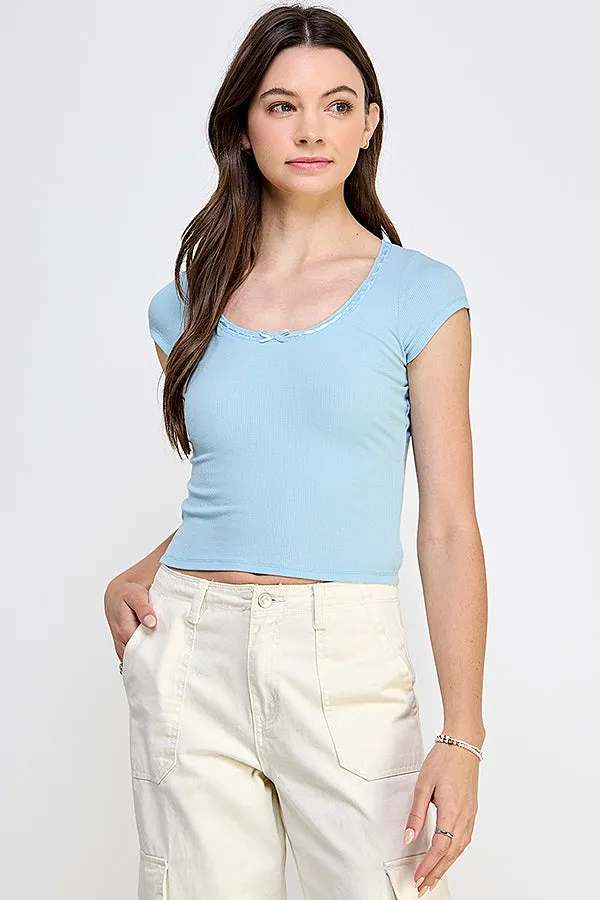 Satin Bow Detail Neck Line Rib Scoop Tee sold by Heart & Hips product image thumbnail 4