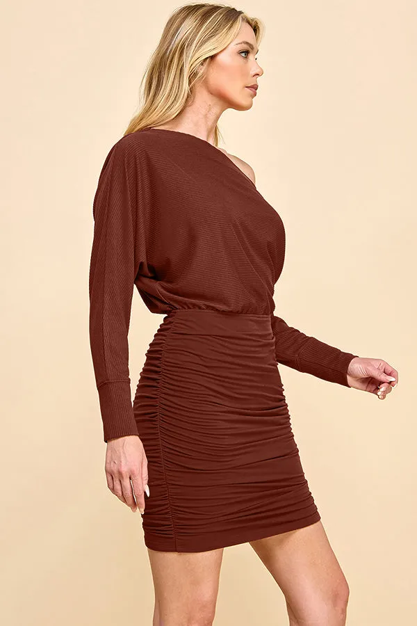 TWOFER FABRIC BLOCKED RUCHED LONG SLEEVE MINI DRESS sold by Heart & Hips product image thumbnail 5