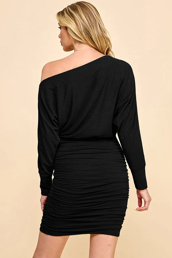 TWOFER FABRIC BLOCKED RUCHED LONG SLEEVE MINI DRESS sold by Heart & Hips product image thumbnail 3