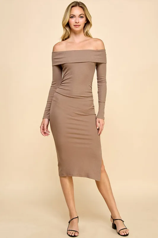RUCHED OFF SHOULDER MIDI DRESS WITH A SLIT sold by Heart & Hips