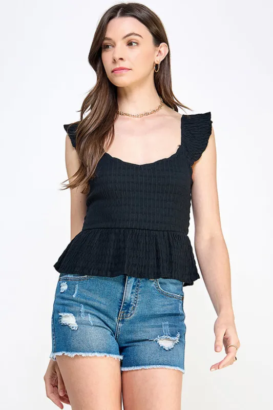 SWEET HEART NECK LINE SMOCKED WOVEN FLUTTER SHOULDER WITH PEPLUM TOP sold by Heart & Hips