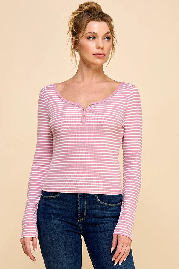 STRIPED LONG SLEEVE HENLEY WITH BUTTONS sold by Heart & Hips product image thumbnail 5