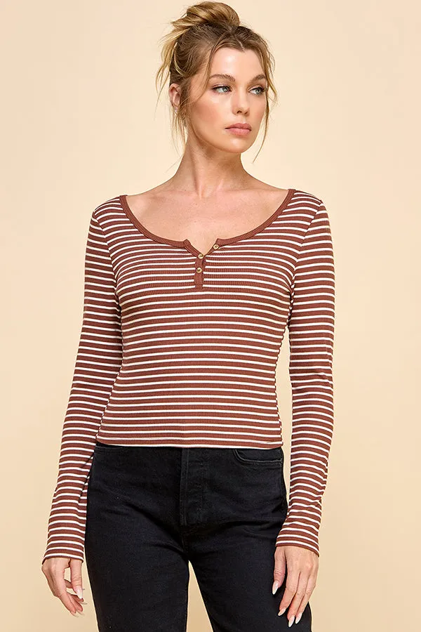 STRIPED LONG SLEEVE HENLEY WITH BUTTONS sold by Heart & Hips