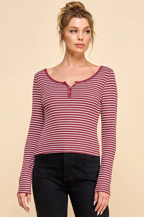 STRIPED LONG SLEEVE HENLEY WITH BUTTONS sold by Heart & Hips product image thumbnail 3