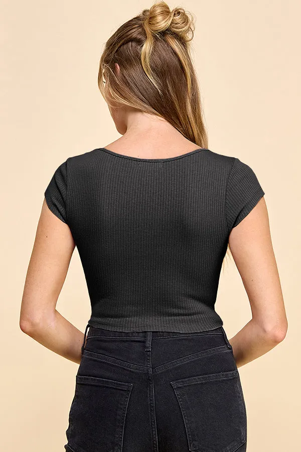 SQUARE NECK CAP SLEEVE VATIRGATED RIB CROP TOP sold by Heart & Hips product image thumbnail 3