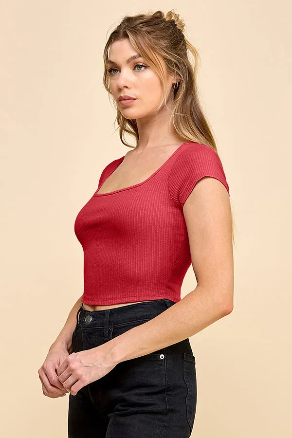 SQUARE NECK CAP SLEEVE VATIRGATED RIB CROP TOP sold by Heart & Hips product image thumbnail 5