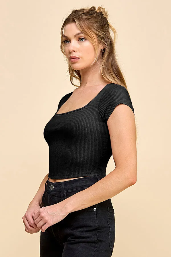 SQUARE NECK CAP SLEEVE VATIRGATED RIB CROP TOP sold by Heart & Hips product image thumbnail 2