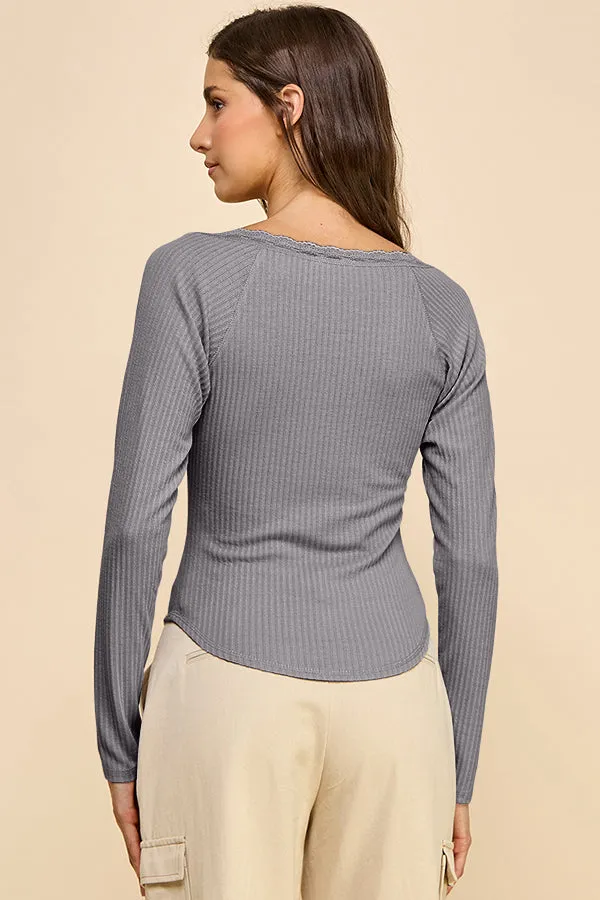 LACE TRIMMED HENLEY BUTTON DOWN LONG SLEEVE TOP sold by Heart & Hips product image thumbnail 3