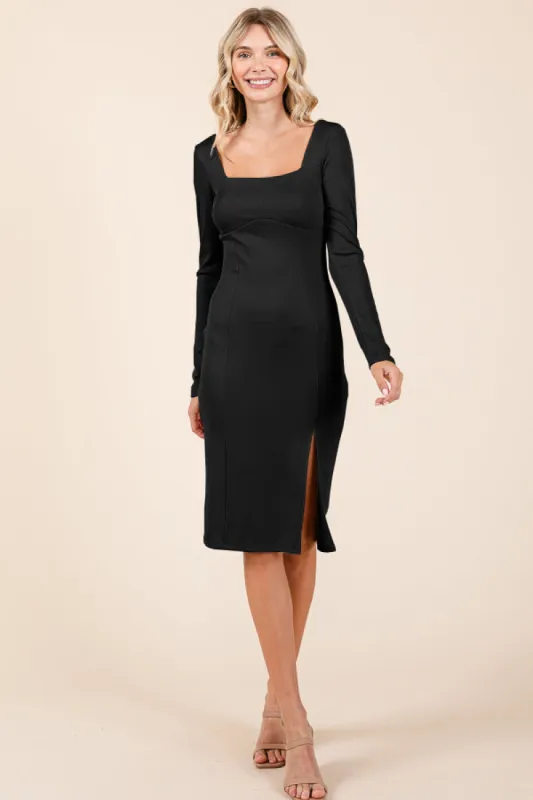 SQUARE NECK MIDI SLIT CUT LONG SLEEVE DRESS sold by Heart & Hips