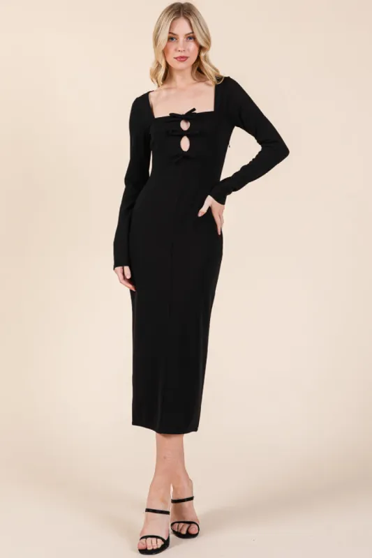 REPEAT KEYHOLE RIBBON SQUARE NCK LONG SLEEVE BACK SLIT MIDI DRESS sold by Heart & Hips