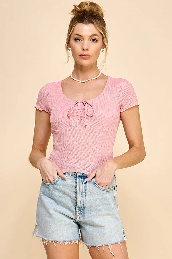 FRONT TIE JACQUARD LACE TOP W/ MERROW EDGE SLEEVE sold by Heart & Hips