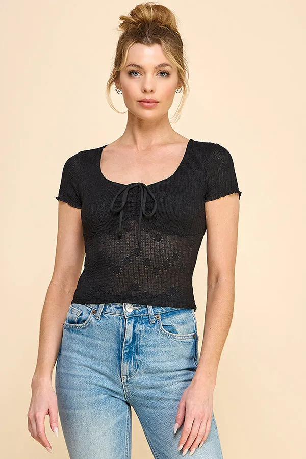 FRONT TIE JACQUARD LACE TOP W/ MERROW EDGE SLEEVE sold by Heart & Hips product image thumbnail 4