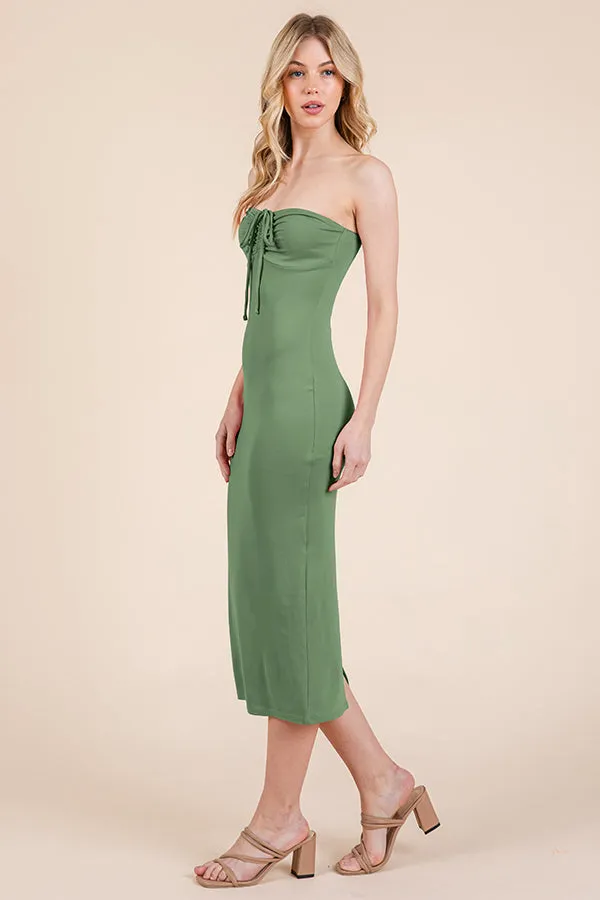 RUCHED TUBE LACED TIE MIDI DRESS WITH SCALLOPED TRIM sold by Heart & Hips product image thumbnail 2