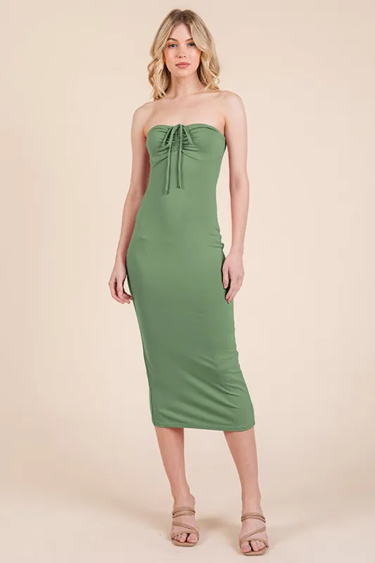 RUCHED TUBE LACED TIE MIDI DRESS WITH SCALLOPED TRIM sold by Heart & Hips