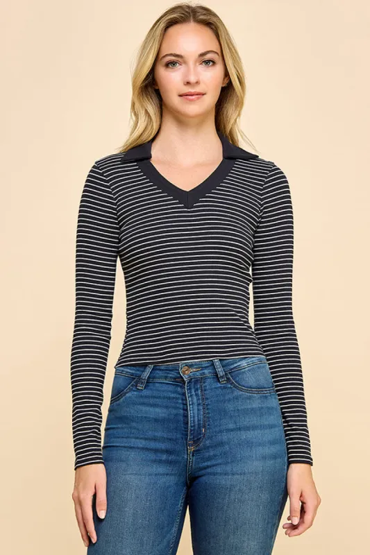 LONG SLEEVE POLO STRIPED TEE sold by Heart & Hips