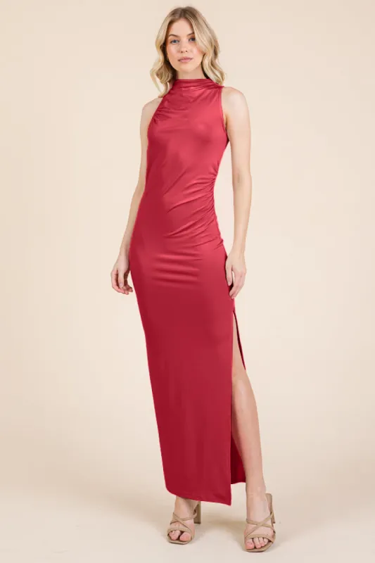 BACK CUT OUT SIDE SHIRRING SIDE DEEP SLIT MAXI DRESS sold by Heart & Hips