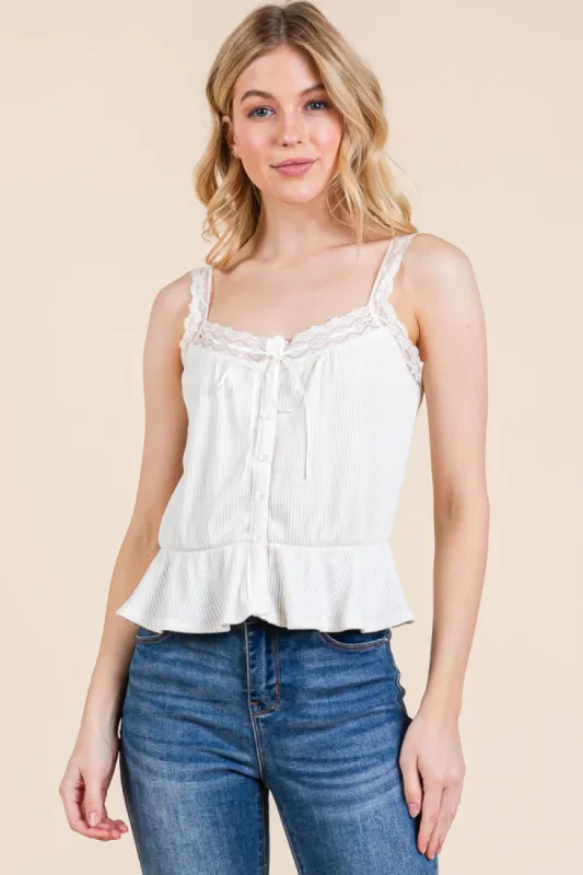LACE PEPLUM TIE FRONT RIBBED CAMI TOP sold by Heart & Hips