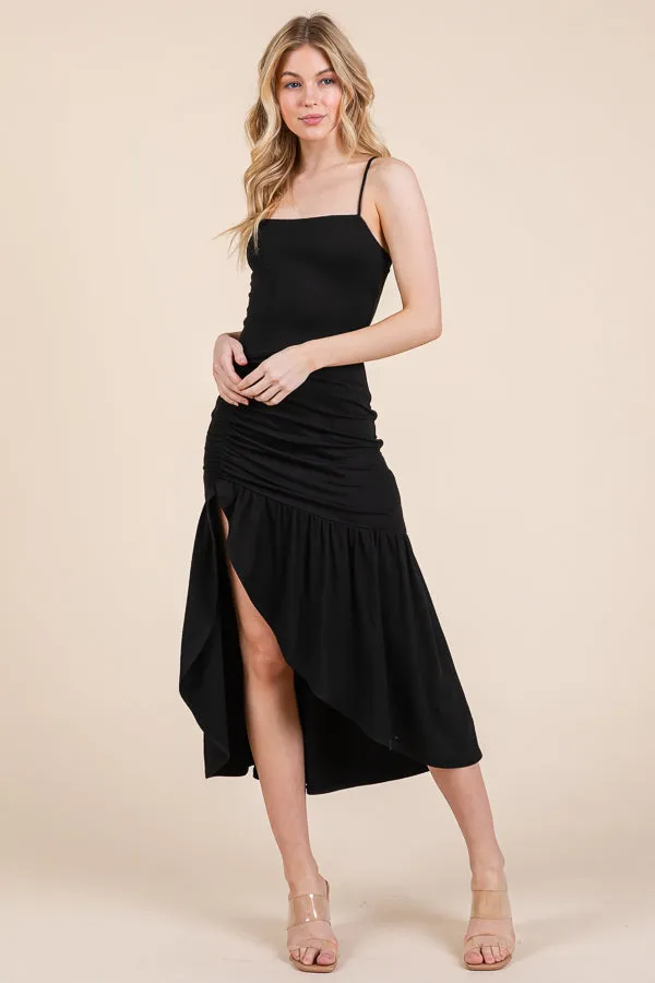 RUCHED RUFFLE FLARE MIDI SLIT DRESS sold by Heart & Hips product image thumbnail 2