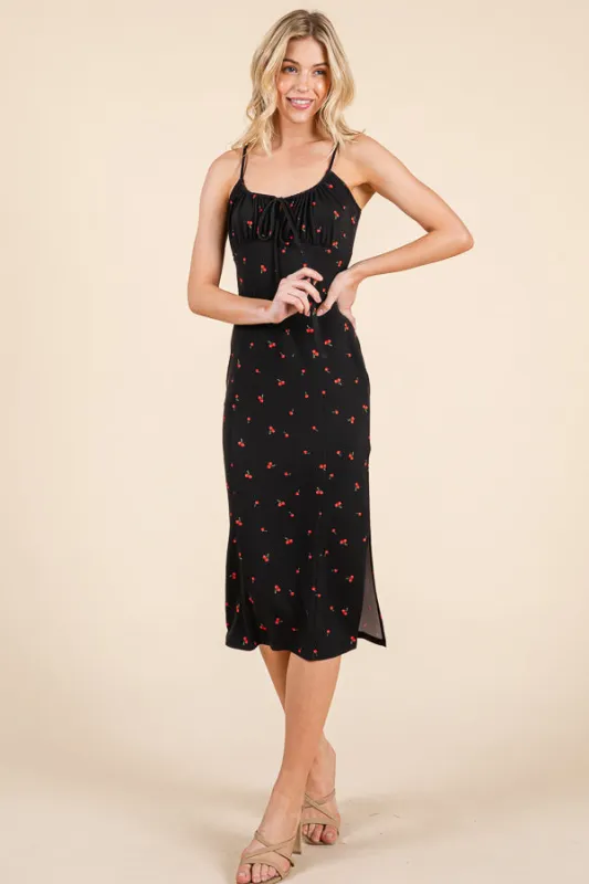 RUCHED TIE FRONT PRINTED SIDE SLIT CAMI MIDI DRESS sold by Heart & Hips