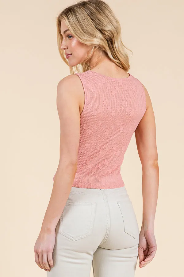 TIE FRONT RUCHED SLEEVLESS LACE TANK sold by Heart & Hips product image thumbnail 4