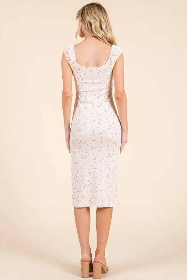 CAP SLEEVE SHIRRED PRINTED MIDI DRESS WITH A SIDE SLIT sold by Heart & Hips product image thumbnail 2