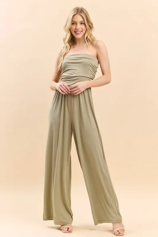 STRAPLESS RUCHED TUBE WIDE LEG JUMPSUIT sold by Heart & Hips