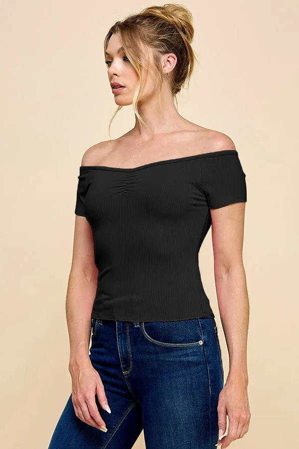 FRONT RUCHED RIB OFF SHOULDER TOP sold by Heart & Hips product image thumbnail 2