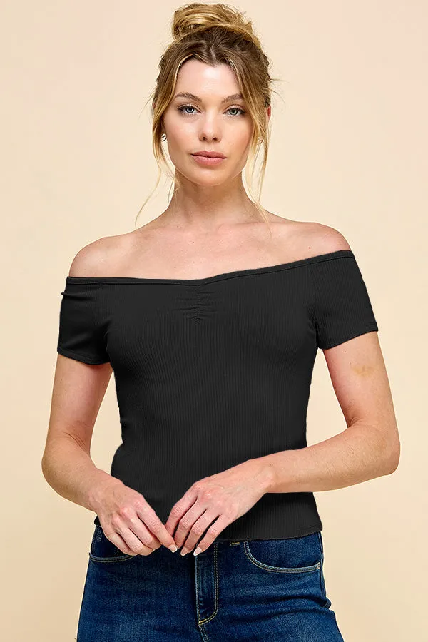 FRONT RUCHED RIB OFF SHOULDER TOP sold by Heart & Hips