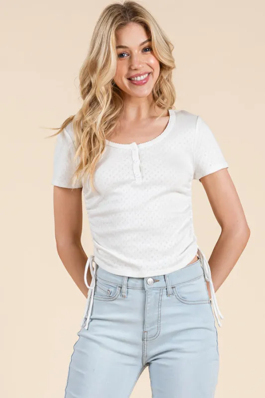 SHELL TUCK NECK W/ RUCHING SHORT SLEEVE TOP sold by Heart & Hips