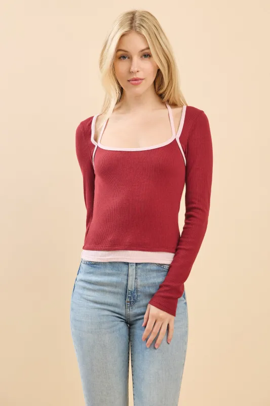 TWO TONE HALTER LONG SLEEVE TOP sold by Heart & Hips