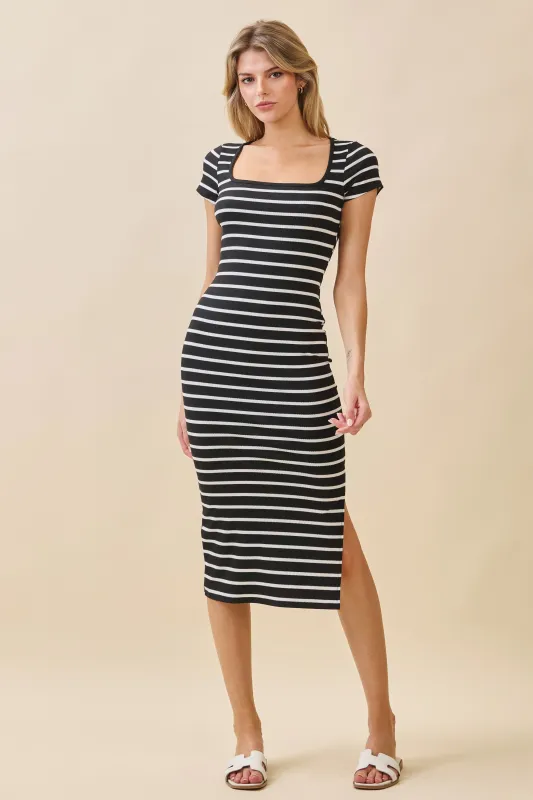 SQUARE SCOOP NECK STRIPED SIDE SLIT MIDI DRESS sold by Heart & Hips