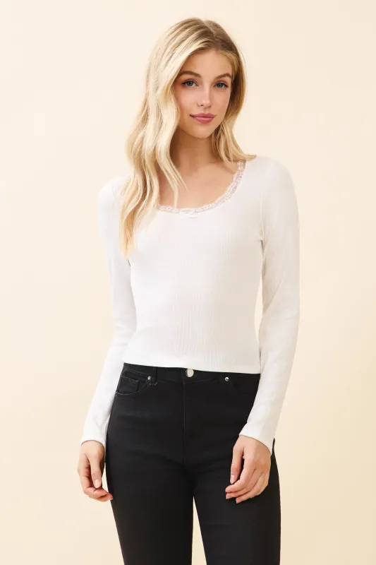 CREW NECK W/LACE AND BOW LONG SLEEVE TOP sold by Heart & Hips