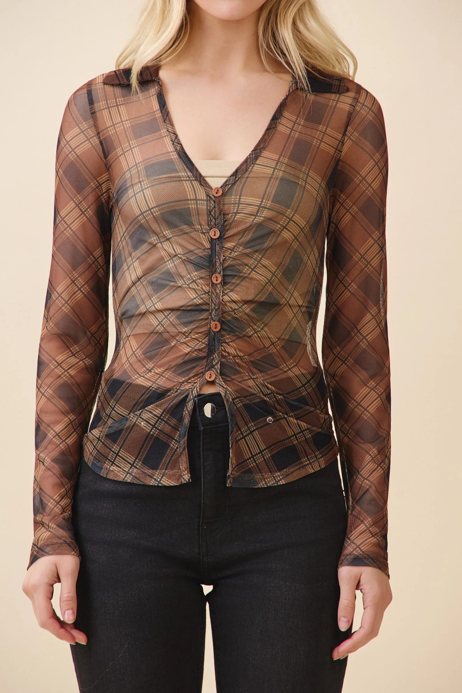 BUTTON DOWN RUCHED CENTER COLLAR SHIRT sold by Heart & Hips product image thumbnail 4